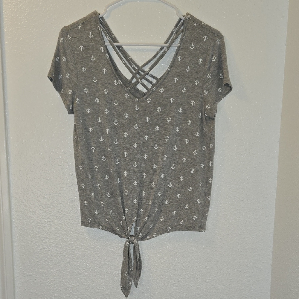 Wishful Park Gray Anchor-Print Tie-Front Crisscross Crop Top
